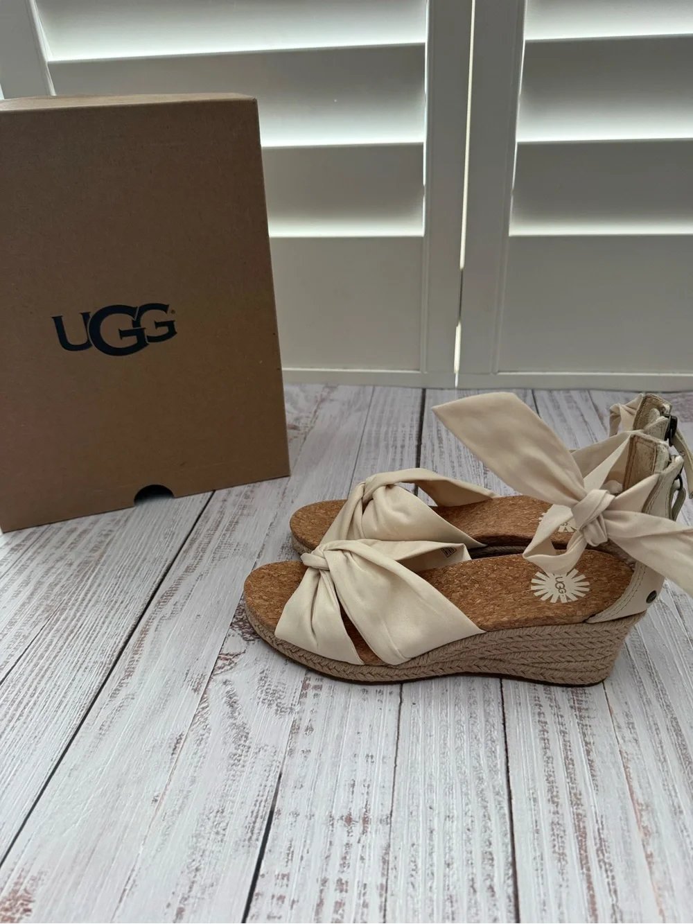 UGG Women's Cream Knotted Ankle-Tie Wedge Sandals